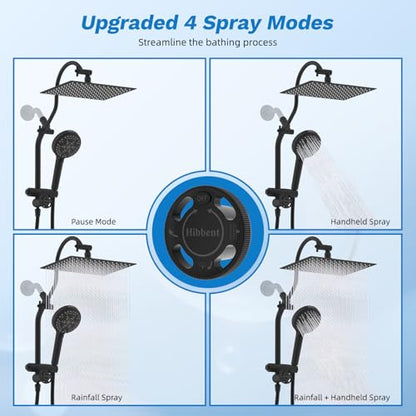 Hibbent High Pressue All Metal 12" Rainfall Shower Head, Handheld 10-Spray | cUPC Certified Matte Black Dual Showerhead Combo, 4-way Diverter with Pause Mode, Brass Extension Arm, 71'' Hose & Holder - color: Matte Black, style: Square 12"