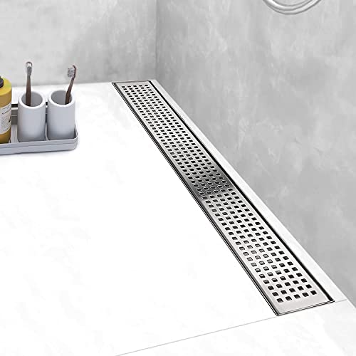 40 inch Linear Shower Drain Brushed Silver with Grate Removable | Square Hole Panel,AISI 304 Stainless Steel Fast Drainage Rectangle Hidden Shower Trench,Detachable Hair Catcher,Leveling Feet - color: Stainless Steel, size: 40 inch+No Base