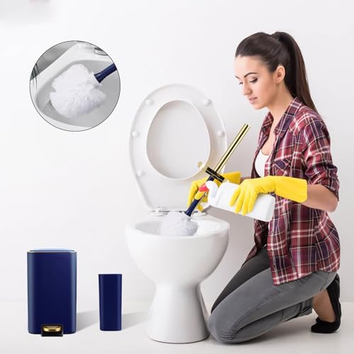 XLHOMO Navy Blue Bathroom Accessories Set 8 Piece Navy Blue and Gold Bathroom Set, Bathroom Sets with Stainless Steel Trash Can,Toilet Brush,Toothbrush Set,Soap Dispenser - size: Navy blue, style: Bath Set