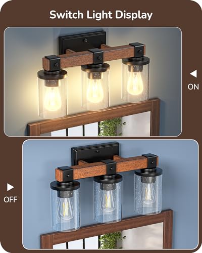 EDISHINE 3-Light Painted Wood Farmhouse Vanity Light, Bubble Glass Shade | Up & Down Reversible Mounting, E26 Base, Industrial Farmhouse Design, Wall Sconces Lamp for Bedroom, Powder Room - size: 3-Light with Bubble Glass Shade