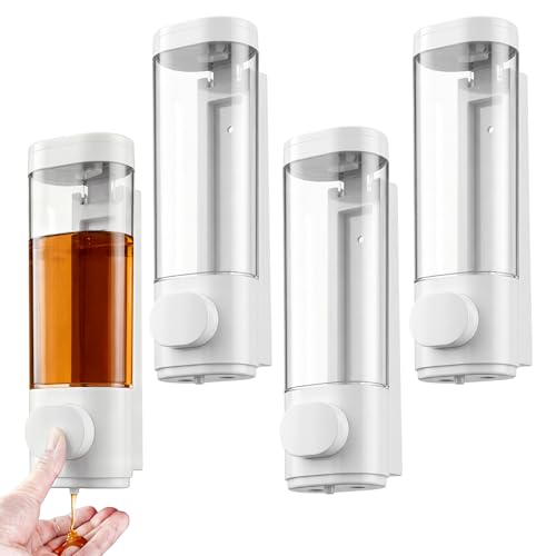 4 Pcs Manual Bathroom Wall Mounted Soap Dispenser, 300ml White Kitchen Bathroom Commercial Shower Clear Refillable Soap Dispenser Clear Plastic Refillable Liquid Lotion Pump and Organizer - color: White