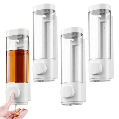 4 Pcs Manual Bathroom Wall Mounted Soap Dispenser, 300ml White Kitchen Bathroom Commercial Shower Clear Refillable Soap Dispenser Clear Plastic Refillable Liquid Lotion Pump and Organizer - color: White