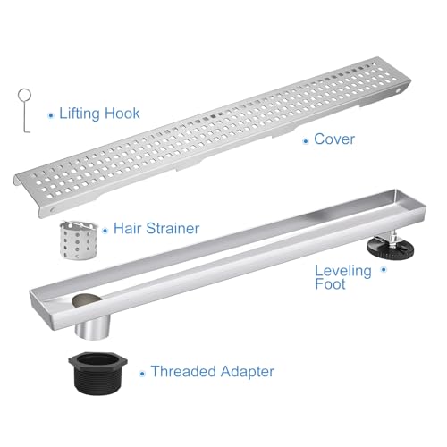 36 Inch Offset Linear Shower Drain, Brushed 304 Stainless Steel | Offset Side Outlet,Easy to install,Tile-In Grate,Hair Catcher,Leveling Feet,Complete Install Kit, Removable Grate Cover - color: Brushed Grid, size: 36 inch