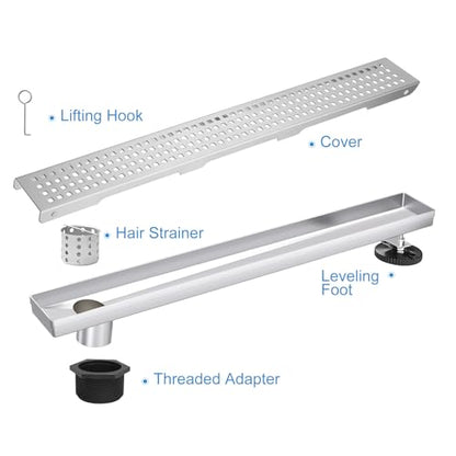 48 Inch Offset Linear Shower Drain, Brushed 304 Stainless Steel | Offset Side Outlet,Easy to install,Tile-In Grate,Hair Catcher,Leveling Feet,Complete Install Kit, Removable Grate Cover - color: Brushed Grid, size: 48 inch