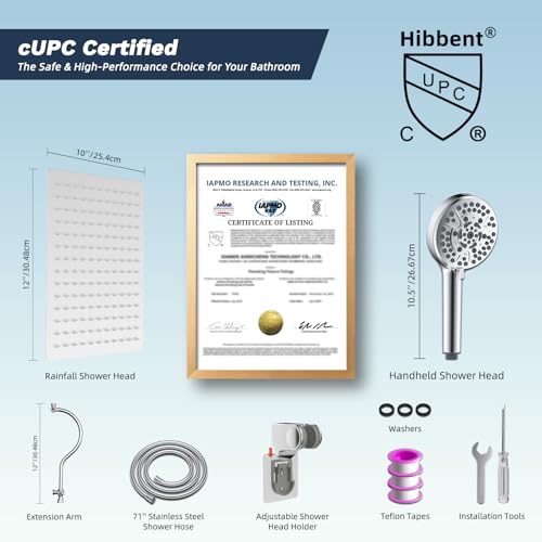 Hibbent 12'' All Metal CUPC Certified Shower Head, High Pressure Rainfall Shower Head, Handheld Showerhead Combo, 12'' Adjustable Shower Extension Arm, 10-Spray, 71'' Hose, Showerhead Holder, Chrome - color: Chrome, style: Square 12''