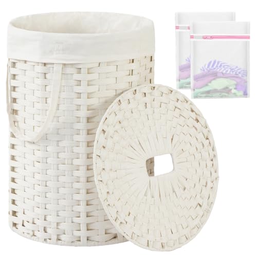 SETVSON Laundry Hamper with Lid Round Laundry Basket 23.8 Gal White | The lid hides dirty clothes, keeping spaces neat and fresh. 90 L Large Capacity, Stylish Design with Handles Easy Transport - color: White, size: 90 L