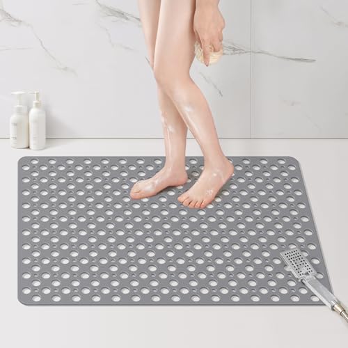 Yolife Large Shower Mat, 35 x 24 inch Non Slip Shower Mats for Inside Shower with Drain Hole, No Odor Soft TPE Shower Floor Mat, Extra Large Non Slip Shower Mat with Suction Cups, Grey - color: Grey, size: 35" x 24" (Rectangular)