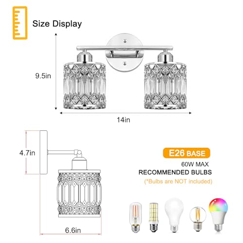 Lxybcce 2-Light Bathroom Vanity Light, 14 in Modern Crystal Bathroom Lighting Fixtures Over Mirror, E26 Hardwired Bathroom Wall Sconce, Chrome - color: Chrome, size: 14in