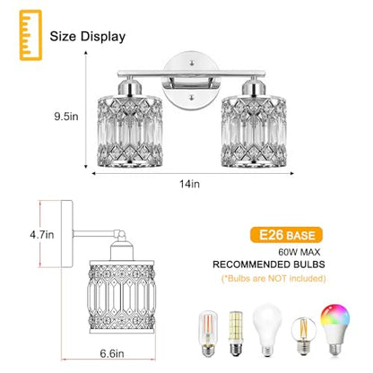 Lxybcce 2-Light Bathroom Vanity Light, 14 in Modern Crystal Bathroom Lighting Fixtures Over Mirror, E26 Hardwired Bathroom Wall Sconce, Chrome - color: Chrome, size: 14in