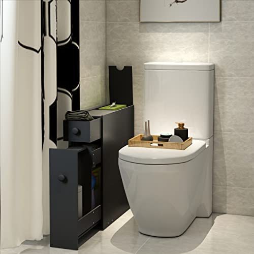 Tangkula Slim Bathroom Cabinet, Free-Standing Storage Cabinet with Slide Out Drawers, Narrow Floor Home Organizer Next to Toilet, Bathroom Toilet Paper Holder, 19 x 6.5 x 23 Inch (Black) - color: Black