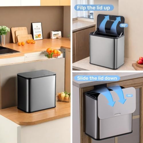 3 Pack 1.3 Gallon/5L Slim Stainless Steel Trash Can with Lid, Odor Control Charcoal Filter, Removable Bucket, Hanging/Wall Mounted/Standing Waste Bin for Kitchen, Bathroom, Bedroom, Office