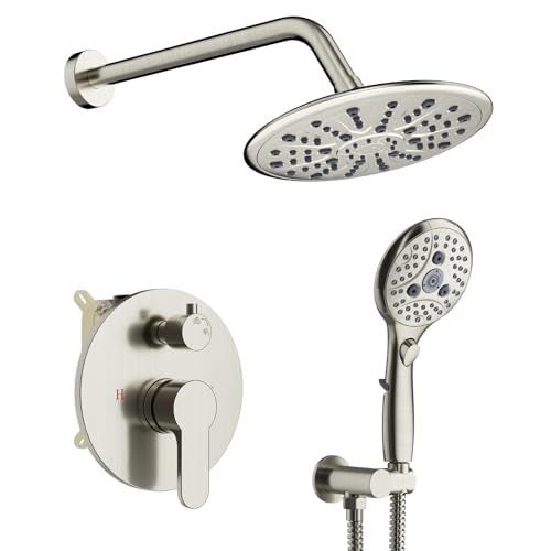 SunCleanse Brushed Nickel 8.5'' Shower System w/Handheld & Valve Kit | 2-IN-1 Shower Faucet Set, 7-setting Handheld Shower Head, Rough-in Pressure-balanced Valve and Trim Kit
