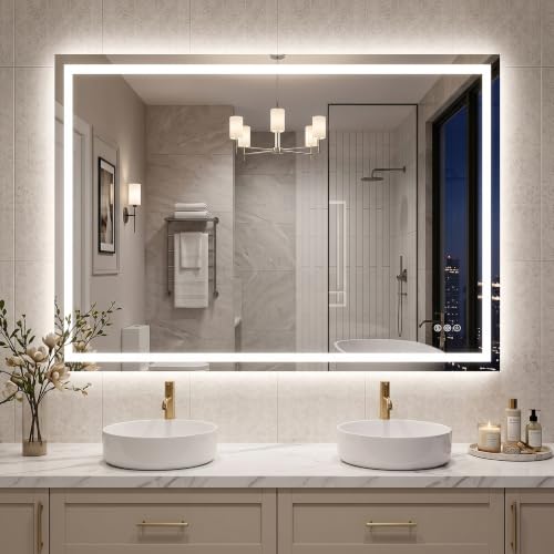 Antok 48x36 LED Bathroom Mirror with Lights, Backlit + Front Lit Vanity Mirror with CRI>90, Dimmable Anti-Fog Smart Mirror with Memory Function, 3 Color Temperatures, Shatterproof Tempered Glass, ETL - color: White (3 Light Modes), size: 48"L x 36"W