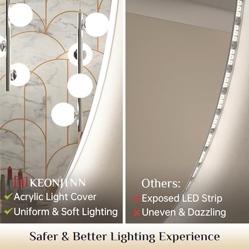 Keonjinn 40 Inch Large Round LED Mirror with Backlit, Safe Tempered Glass | Oversized, 3000K/4500K/6000K, Safe Defogging, Dimmable, Memory Function, Hardwired/Plug in, French Cleat Installation, Salon - size: 40"L x 40"W