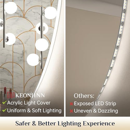 Keonjinn 40 Inch Large Round LED Mirror with Backlit, Safe Tempered Glass | Oversized, 3000K/4500K/6000K, Safe Defogging, Dimmable, Memory Function, Hardwired/Plug in, French Cleat Installation, Salon - size: 40"L x 40"W