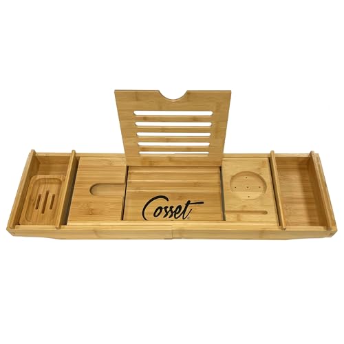 Bathtub Tray - Expandable Bamboo Bathroom Tray for Women and Men - Soap Dish, Book, Phone & Tablet Holder, Wine Glass Slot - Relaxing Bath Caddy for Spa and Shower