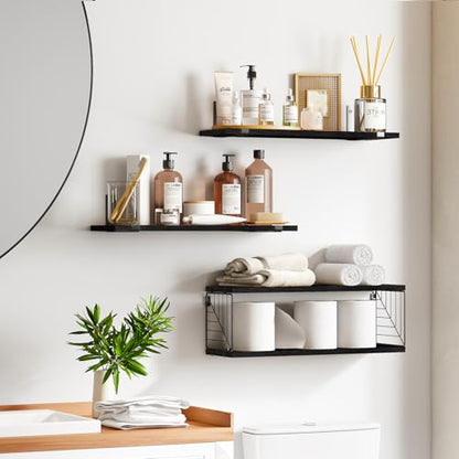 Fixwal 3+1 Tier Bathroom Floating Shelves Over Toilet, Black | Black Wood Shelf Set with Toilet Paper Storage Basket, Natural Finish, 40Lb Weight Limit, Quick Mount, Versatile - color: Black
