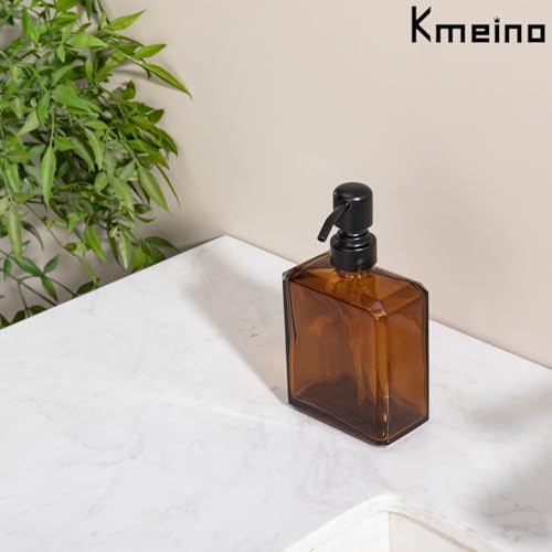 Amber Soap Dispenser Square Bottle and Black Pump, Glass Dish Soap Dispense, Refillable Hand Soap Dispenser with Stainless Steel Pump, 13.5 oz Lotion Dispenser for Bathroom, Kitchen Countertop - color: Amber Bottle With Black Pump, size: 13.5oz-Square