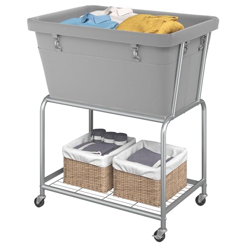 ELYKEN Rolling Laundry Hamper with Wheels, Removable Bag, Laundry Cart | 32-Gallon (122L), 2-Tier Clothes Basket with Shelf, Metal Frame, Ideal for Closet, Bedroom, Bathroom & Laundry Room, Gray - color: Gray, size: 27.4"L x 19.9"W x 30.9"H