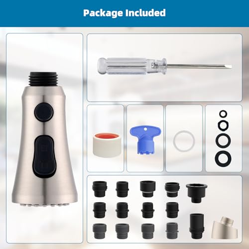 Hibbent Pull Down Kitchen Faucet Head Replacement, 3-Function NSF/ANSI/CAN 61 & CUPC Certified Sink Spray Nozzle, 15 Adapters, Compatible with Moen, Delta, Kohler Faucets, Brushed Nickel - color: Brushed Nickel, style: Stay on sprayer without hold button
