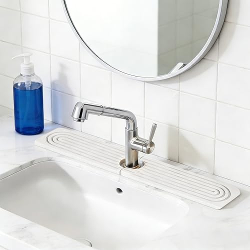 Diatomite Faucet Mat, Water Absorbent Sink Splash Guard, Quick Dry Countertop Drip Tray, Non Slip Grooved Surface, Sleek Smooth Edge, For Kitchen Bathroom Apartment RV, White Modern 60x10cm 0.9cm Thic