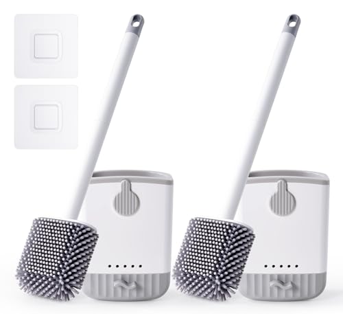Silicone Toilet Bowl Brush with Holder, 2 Pack, White | Ventilated Holder, Floor Standing & Wall Mounted, Toilet Cleaner Brush for RV Travel, Camper, Family Bathroom - style: 2 Pack
