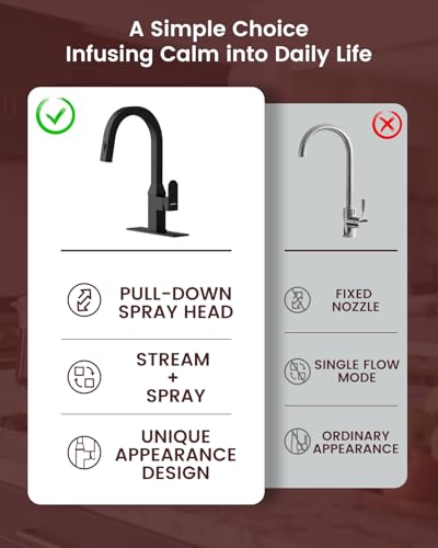 DAYONE Black Square Kitchen Faucet – Modern Pull-Down Sprayer with 2-Mode Kitchen Sink Faucet, 360° Swivel Fits Bar/RV Sinks, SUS 304 Stainless Steel with Square Deck Plate - color: Matte Black