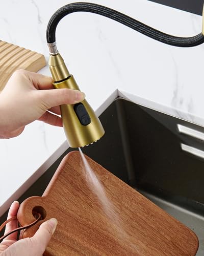 J-HVA Pull Down Kitchen Faucet Sprayer Head Replacement, Brushed Gold | 3 Function Pull Out Sink Sprayer Replacement Nozzle Part, Kitchen Faucet Head Hose Spray Tap Spout, 15 adapters - color: Brushed Gold