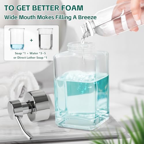 Foaming Soap Dispenser, 12oz/350ml Glass Hand Soap Dispenser Set, Refillable Foam Dispenser with Foaming Pump, Labels, Square Hand Dispenser for Bathroom, Kitchen 2 Pack - color: Clear Bottle + Silver Pump