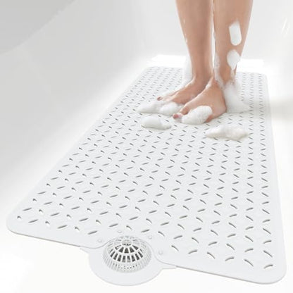 OTHWAY Bath Mat for Tub Non Slip: 39" X 17" Long Bathtub Mat with Hair Catcher│Big Drain Holes Shower Mats for Inside Shower│Machine Washable (White) - color: White