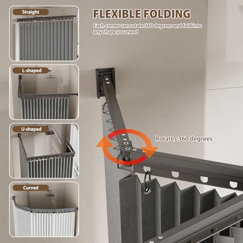 Wall Mount Folding Shower Curtain Rod, 62 Inches Adjustable Diamond Shaped Corner Shower Curtain Rod 90 Degrees for Bathroom, Laundry Room, Bathtub and more, Need to Drill