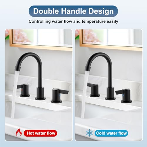 Bathroom Sink Faucet 3 Hole, 8 Inch Widespread, Matte Black | Lead-Free SUS304 Stainless Steel 8-Inch Widespread Bathroom Faucet with Pop-Up Drain & Supply Lines - color: Matte Black