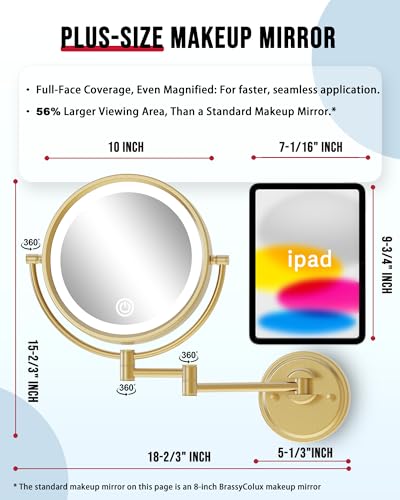 10" Double-sided Wall Mounted Makeup Mirror with Light and Magnification 5X | 3 Color LED Touch Dimmable Memory Function, Bathroom Vanity Extendable Swing Arm Gold, Direct Wire, Brushed Moderne Brass - color: Brushed Moderne Brass