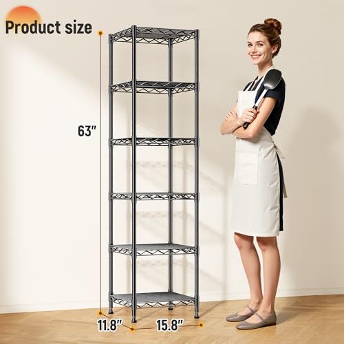 DurayLoly 15.8" W 6-Tier Narrow Wire Shelving, Adjustable Shelves, Kitchen | Slim 63"Hx11.8"D, 211lbs capacity, Leveling feet+anti-tip, Rustproof, Tool-free assembly, For kitchen, bath, laundry, pantry - size: 15.8"W x 11.8"D x 63"H
