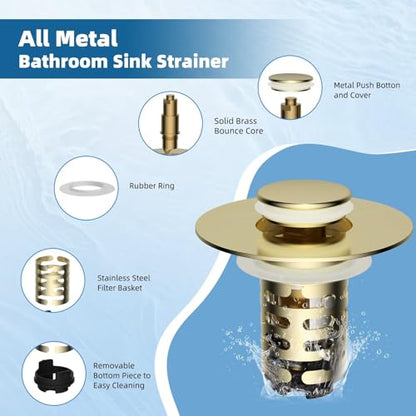 Universal Upgraded Bathroom Sink Drain Stopper Hair Catcher, Brushed Gold | 4-IN-1 Pop-Up Sink Strainer with 2-Layer Removable Stainless Steel Basket, Anti-Clog Drain Plug for 1.1"-2.36" Basin - color: Brushed Gold