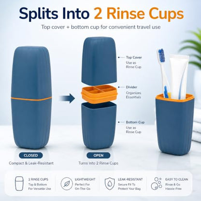 Portable Toothbrush Travel Case, 2 in 1 Holder & Rinse Cup with Cover | Portable Large Capacity Holds Toothbrush Toothpaste Comb for Travel Camping - color: Blue