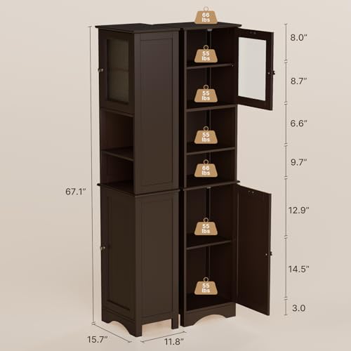 Gizoon Tall Bathroom Storage Cabinet | Freestanding Linen Cabinet with Two-Way Doors, Adjustable Shelves, for Home, Kitchen, Living Room, Dark Brown - color: Dark Brown