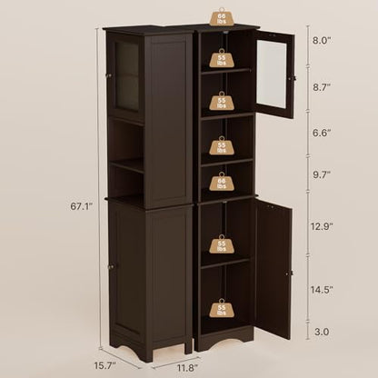 Gizoon Tall Bathroom Storage Cabinet | Freestanding Linen Cabinet with Two-Way Doors, Adjustable Shelves, for Home, Kitchen, Living Room, Dark Brown - color: Dark Brown