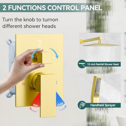 STARBATH Shower Faucet Set Shower System with Diverter Valve, Brushed Gold | 12" Wall Mount Rain Shower Head and Handheld Spray for Two Person, Shower System with Diverter Valve and Trim Kit Complete - color: Gold, size: 12"-01