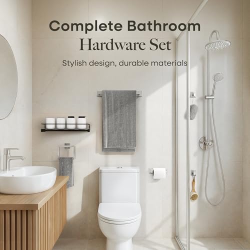 Brushed Nickel Bathroom Accessories Set with 15.7" x 5.9" Shelf, 6 Pcs (5+Shelf) - color: Brushed Nickel
