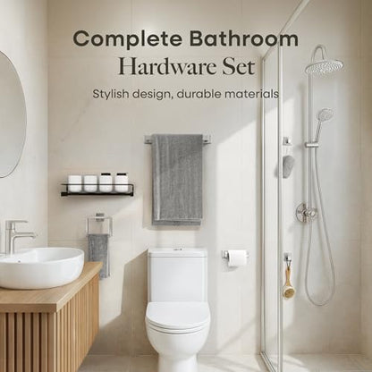 Brushed Nickel Bathroom Accessories Set with 15.7" x 5.9" Shelf, 6 Pcs (5+Shelf) - color: Brushed Nickel