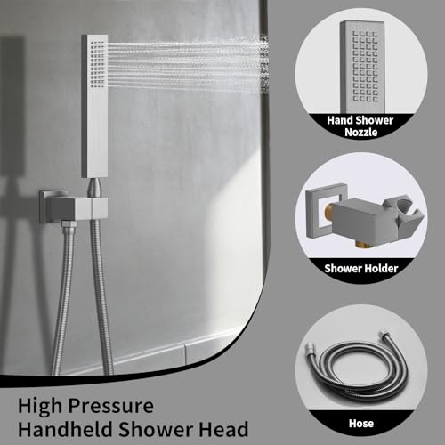 AYIVG Thermostatic Full Body Rainfall Shower System Dual 3 Way Diverter Valve 6 Function Ceiling Mount 14x20" ShowerHeads With 6 Jets 2 Handheld Shower Set (Brushed Nickel) - color: Brushed Nickel