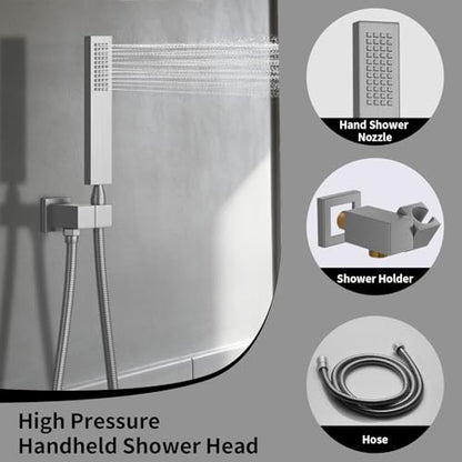 AYIVG Thermostatic Full Body Rainfall Shower System Dual 3 Way Diverter Valve 6 Function Ceiling Mount 14x20" ShowerHeads With 6 Jets 2 Handheld Shower Set (Brushed Nickel) - color: Brushed Nickel