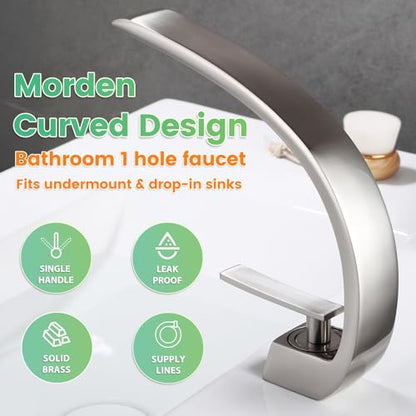 Modern Brushed Nickel Bathroom Sink Faucet, Single Hole with Deck Plate | Premium Solid Brass, NSF Certified, Single Handle, Fits 1 or 3 Hole with Supply Lines, for RV, Farmhouse & Commercia - color: Brushed Nickel