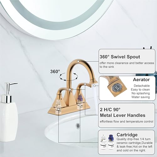 Centerset Bathroom Faucet, Brushed Gold Lavatory Bathroom Sink Faucet, 4 Inch Two Handle with Push up Pop-up Drain,F-4015-BG - color: Brushed Gold, size: Standard