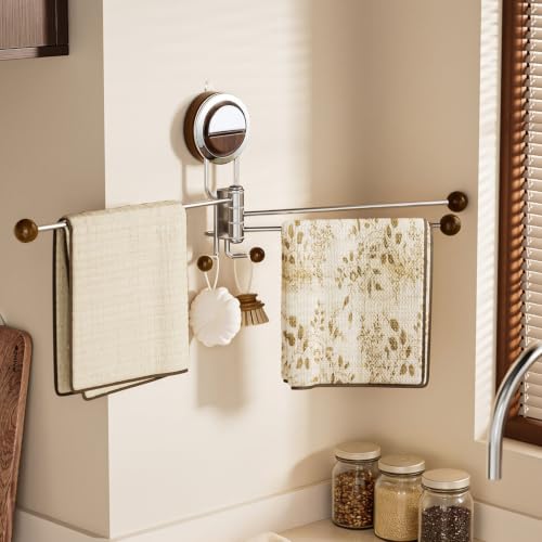 No-Drill Suction Cup Towel Bar 3 Arm 180° Rotating, Stainless Steel & Wood Knobs Suction Towel Bar, Wall Mounted Towel Rack for Bathroom Kitchen, Reusable