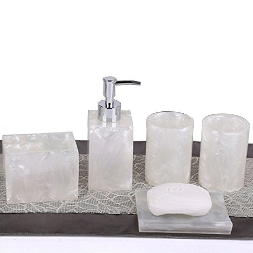 Resin Soap Dish, Soap Dispenser, Toothbrush Holder & Tumbler Bathroom Accessory 5 Piece Set (White) - color: White