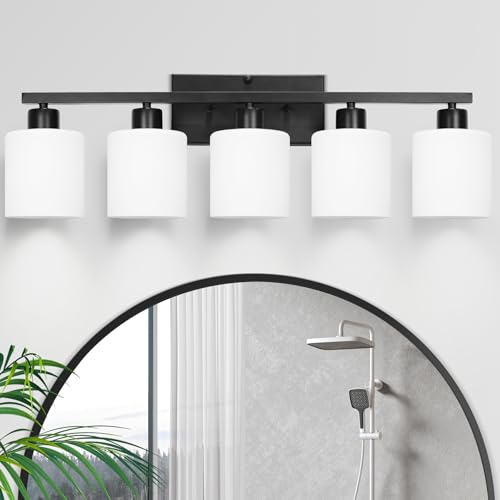 SILAMPDI Black Bathroom Light Fixtures Over Mirror, 5-Light Vanity Lights for Bathroom, Modern Wall Sconces Lighting for Bedroom Living Room, Milky White Glass Shades, E26 Base, Bulbs Not Included - color: Black-5Light
