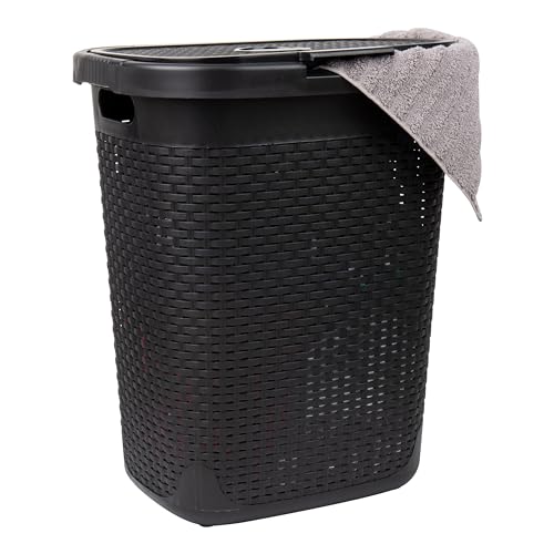 Mind Reader Slim Laundry Hamper with Lid, 50L Clothes Basket, Premium Wicker Design, Plastic, Black - color: Black