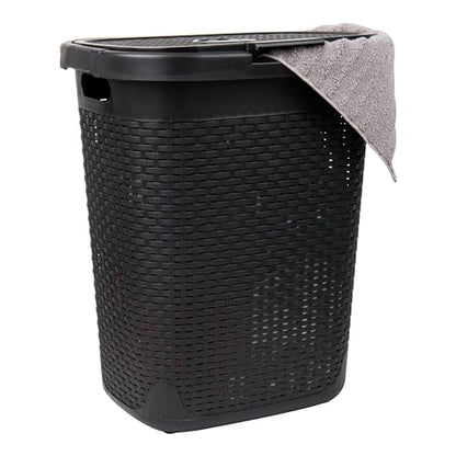 Mind Reader Slim Laundry Hamper with Lid, 50L Clothes Basket, Premium Wicker Design, Plastic, Black - color: Black